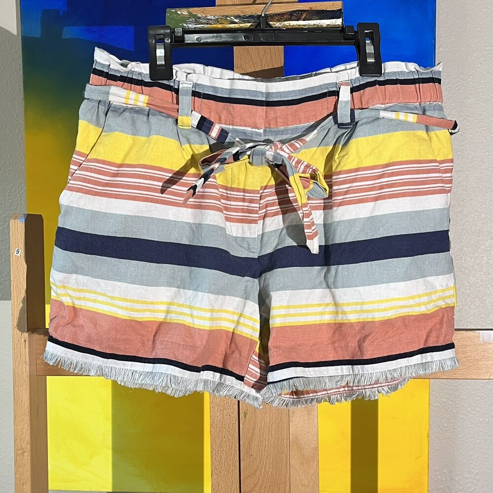 Ann Taylor Womens 6 Linen Beach Stripe Colorful Lounge Belted Shorts Stretch